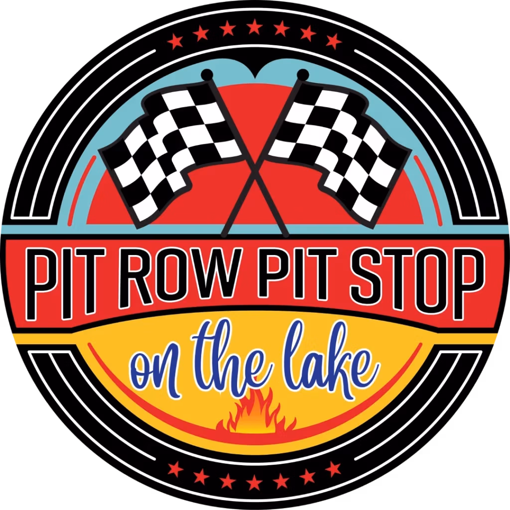 Logo for "Pit Row Pit Stop on the Lake" featuring two checkered flags and stars above the text. The lower section has the phrase "on the lake" in cursive with a flame graphic beneath. The background has a circular design with red and yellow colors.