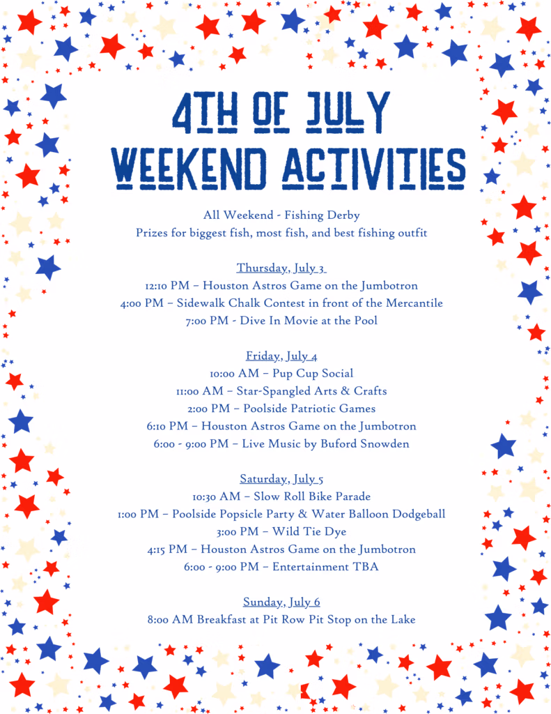 Festive 4th of July weekend activities poster with red, white, and blue stars. Events include a fishing derby, movie, arts & crafts, pool games, fireworks, tie dye, and entertainment from July 3rd to July 6th.