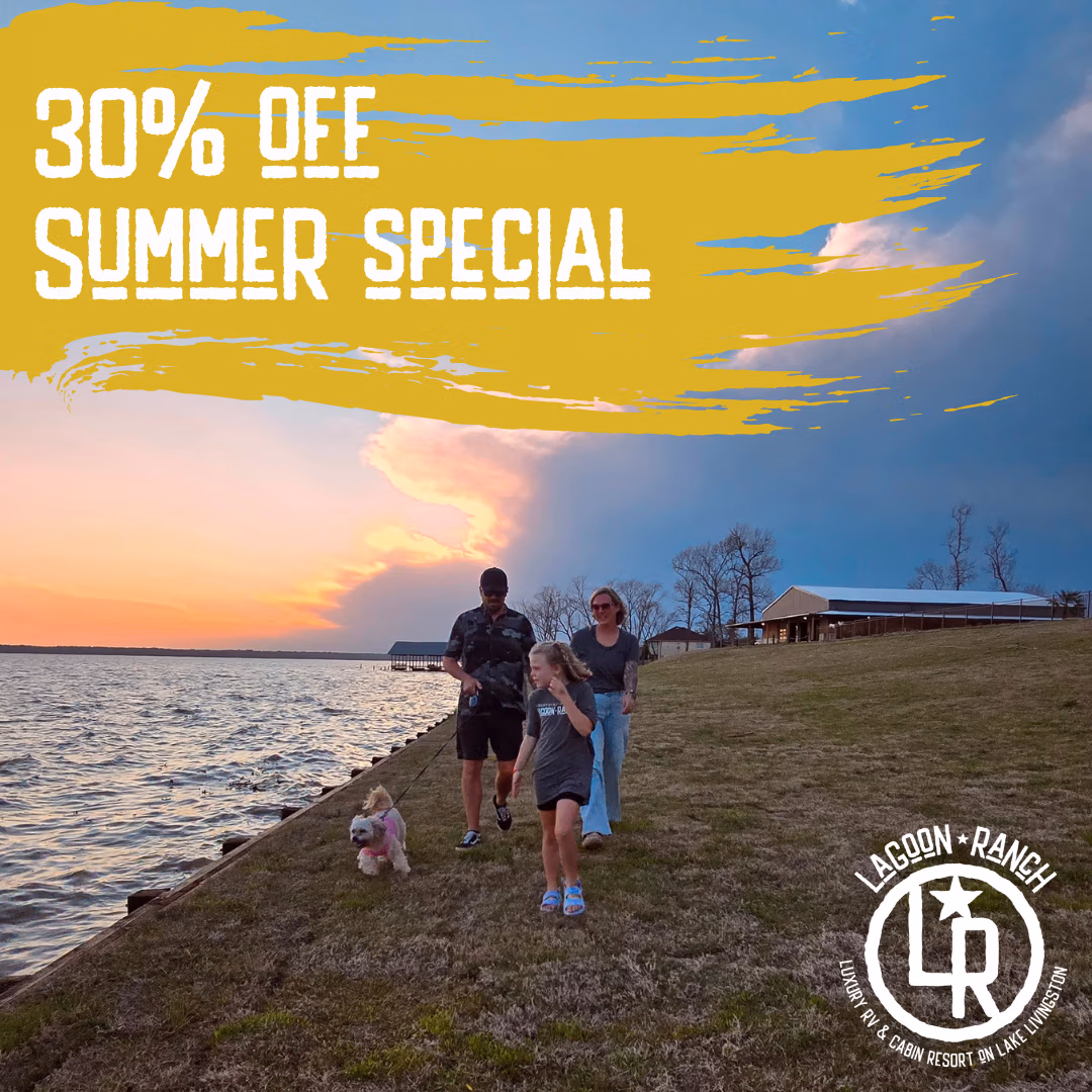 A family with two children and a dog walk along a grassy lakeshore at sunset. Bold yellow text reads “30% OFF SUMMER SPECIAL.” The Lagoon Ranch logo appears in the bottom right corner.