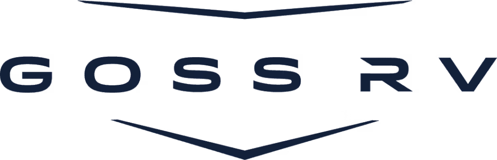 Logo with the words "GOSS RV" in dark, bold letters. Two angled lines, one above and one below the text, form a subtle chevron or stylized emblem shape. The background is white.
