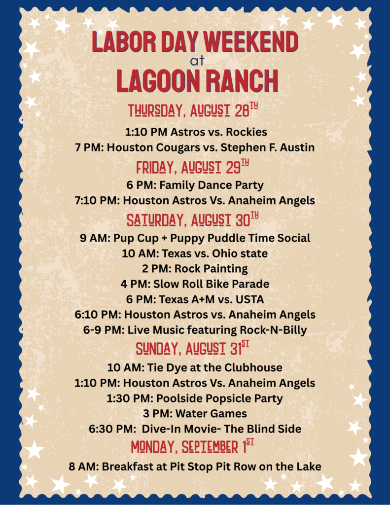Labor Day weekend event schedule at Lagoon Ranch with dates, times, and activities listed from Thursday, August 28 to Monday, September 1.