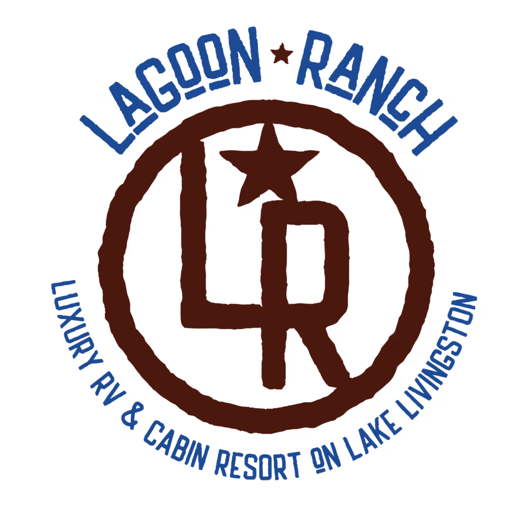 Circular logo with "Lagoon Ranch" at the top, "Luxury RV & Cabin Resort on Lake Livingston" at the bottom, and a stylized "LR" with a star in the center. Text is in blue and brown on a white background.