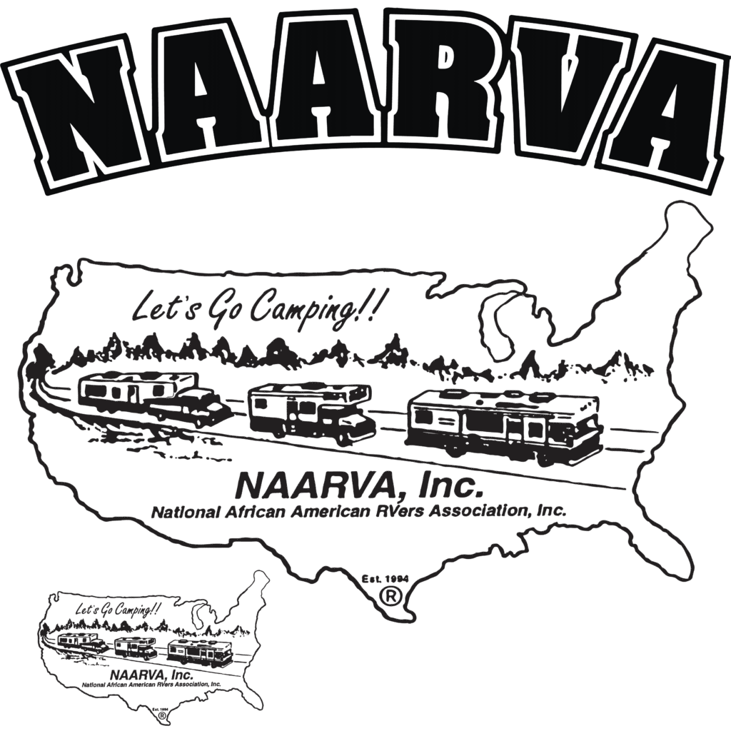 Logo for NAARVA showing the U.S. map with RVs driving and the text, “Let’s Go Camping!! National African American RVers Association, Inc.” A smaller version of the same design appears at the bottom left.