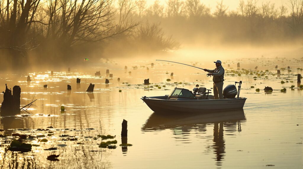 Angler casting a topwater frog lure from a boat toward flooded timber and lily pads on a misty Texas creek at sunrise.