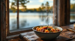 A steaming bowl of Cajun gumbo with shrimp, sausage, and okra sits on a rustic wooden table inside a cozy shack, with a blurred window view of a peaceful lake and pine trees in the background, bathed in warm afternoon light.