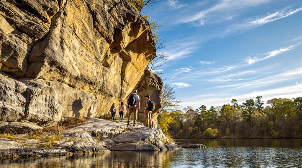 Two hikers examine faint petroglyphs on a sunlit sandstone bluff overlooking a calm, tree-lined river, with a forest in the background under a blue sky.