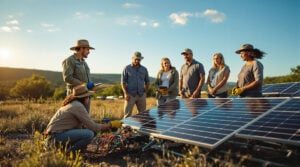 A small group of adults gathers outdoors around portable solar panels during a hands-on workshop, with an instructor explaining connections. The scene is set in a sunlit, tree-lined clearing with a clear sky, evoking learning and energy independence near Onalaska, Texas.