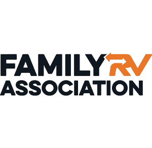 Logo for "Family RV Association" with "RV" in orange and an arrow incorporated into the letters. The rest of the text is in black on a white background.