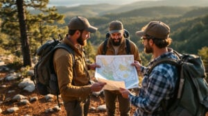 Three hikers examine a topographic map at a woodland trailhead, surrounded by pine trees and rocky terrain, planning a safe route through wilderness near Onalaska, Texas.