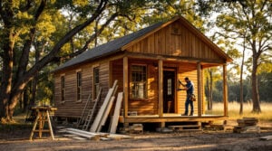 A craftsman adjusts pine beams beneath the porch of a restored 1880s wooden schoolhouse, surrounded by vintage hand tools and pine boards, in a sunlit forest clearing near Onalaska, Texas.