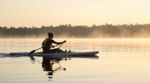 Two paddleboarders glide across a misty East Texas lake at dawn with tree-lined shoreline and soft sunrise colors in the background