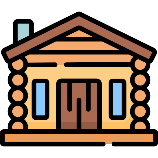 Simple illustration of a log cabin with a brown roof, two blue windows, a brown double door, and a small chimney.