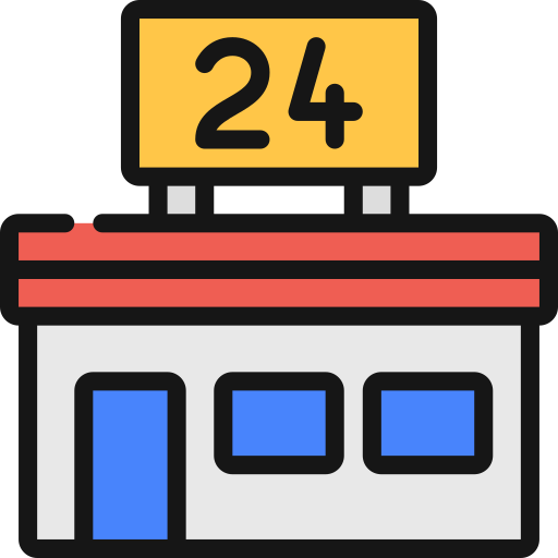 Illustration of a store with a red roof, two blue windows, a door, and a yellow sign on top displaying the number 24.