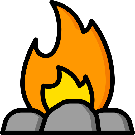 Illustration of a campfire with yellow and orange flames burning above three gray rocks.