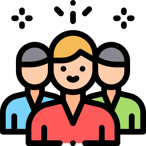 Illustration of three people standing together, with one person in front wearing red and two others behind wearing blue, symbolizing teamwork or community.