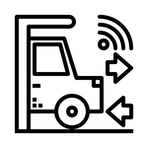 Black and white icon of a car at a barrier with wireless signals and arrows, representing an automated or contactless toll payment system.