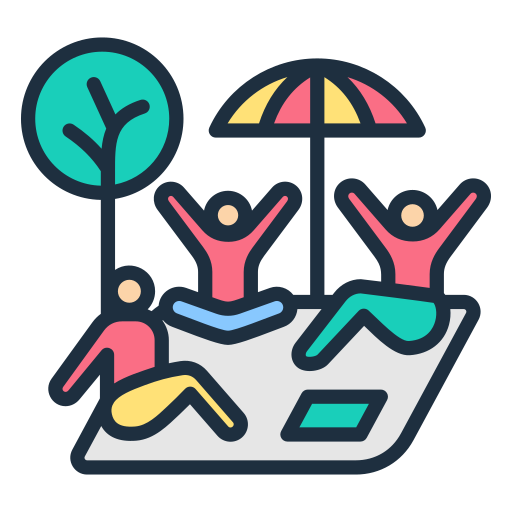 Illustration of three people sitting and relaxing on a picnic blanket under a tree and a colorful umbrella, with two of them raising their arms.