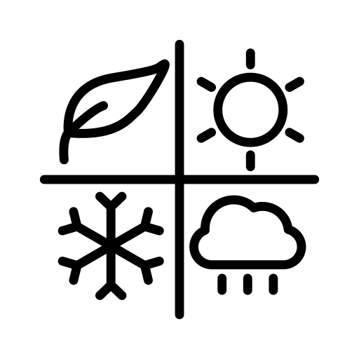 A simple line drawing shows four symbols: a leaf, a sun, a snowflake, and a cloud with rain, each in a quadrant, representing the four seasons.