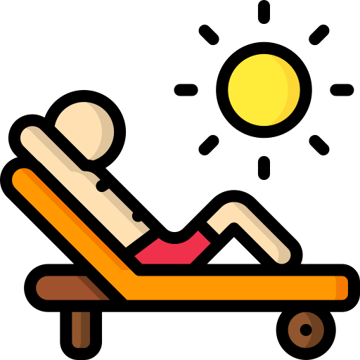 Illustration of a person reclining on a lounge chair under the sun, wearing red shorts, symbolizing sunbathing or relaxing outdoors.