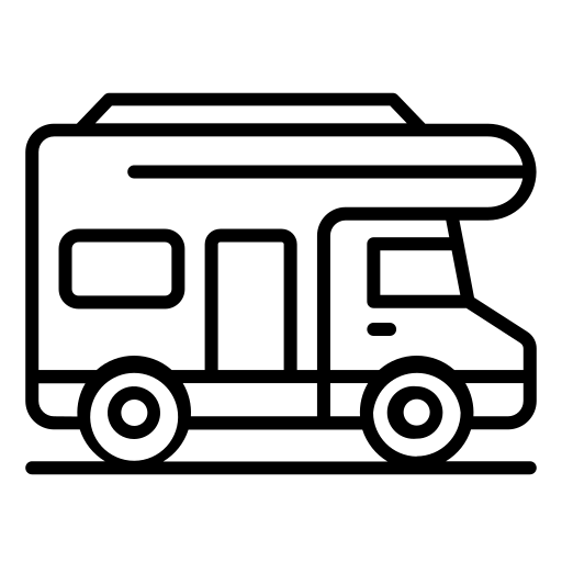 Black and white line drawing of a camper van or RV, shown from the side with two wheels, a door, and windows visible.