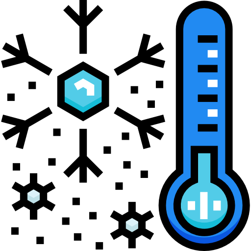 A blue thermometer showing low temperature next to several stylized snowflakes, indicating cold weather or freezing conditions.