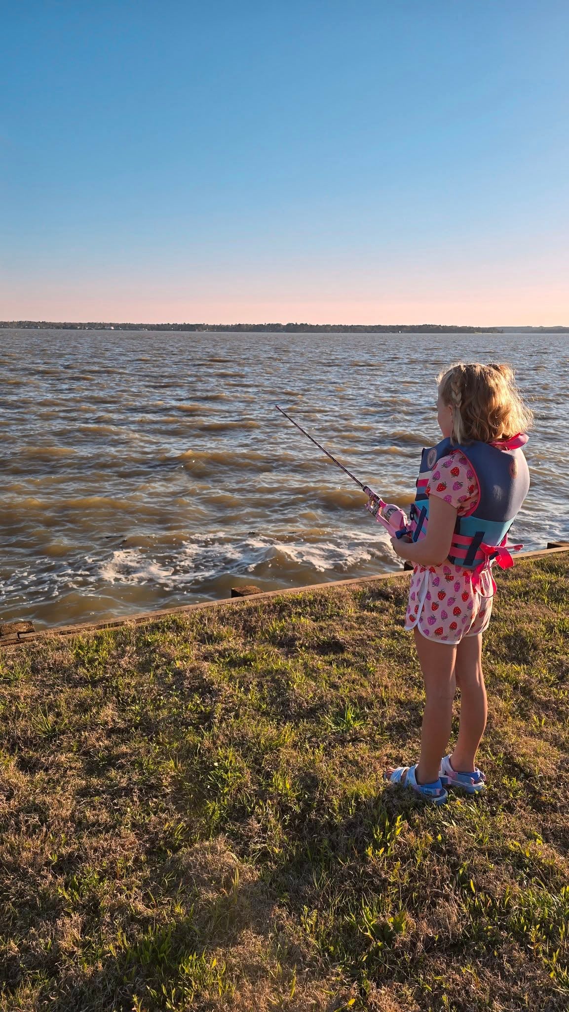Young girl wearing a life jacket and pink dress stands on grassy shore, fishing in a large body of water under a clear blue sky.
