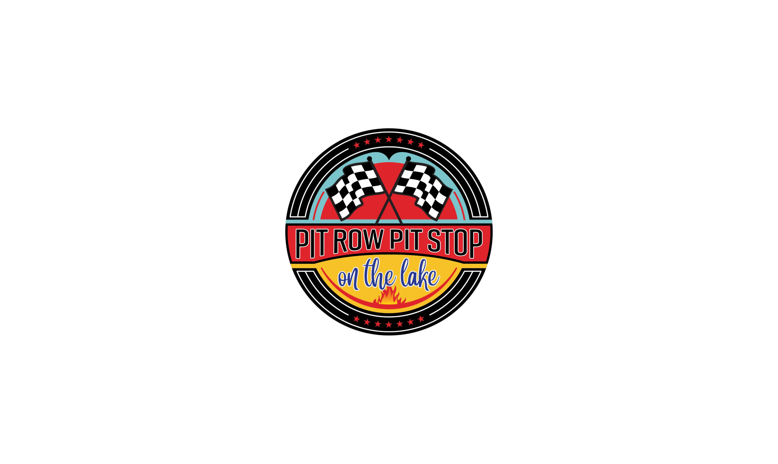 A circular logo with crossed checkered flags, a red racetrack, and the text "Pit Row Pit Stop on the lake" in bold, colorful lettering.