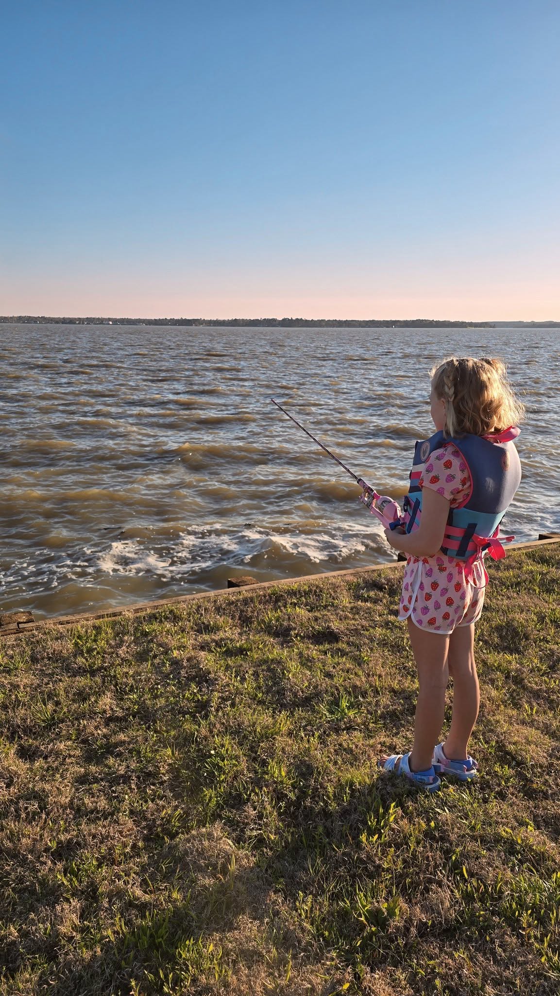 A young girl wearing a life jacket stands on grassy shore, holding a fishing rod and facing a large body of water under a clear sky.
