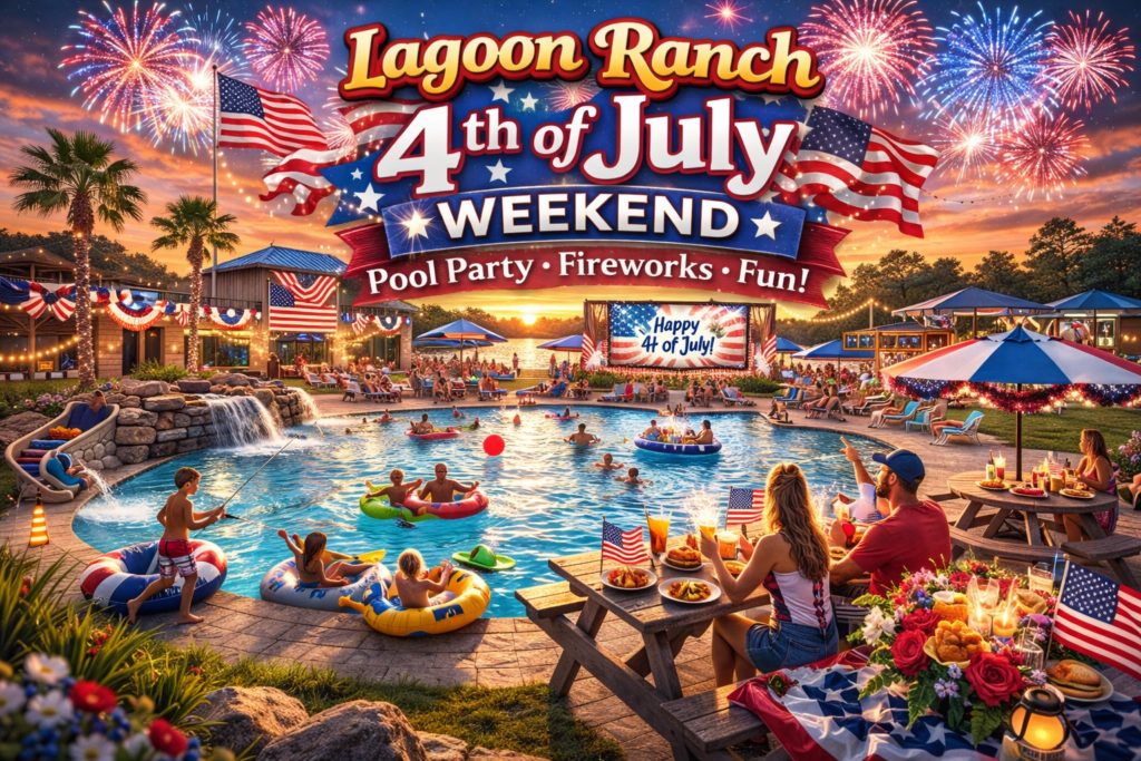 People celebrate at a festive pool party decorated with American flags, with food, fireworks, and banners reading “Lagoon Ranch 4th of July Weekend—Pool Party—Fireworks—Fun.”.