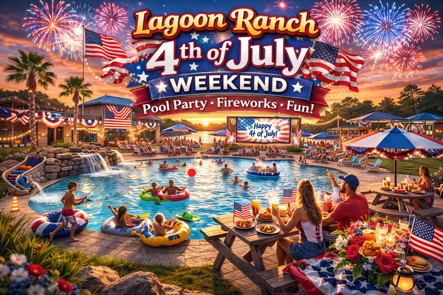 People celebrate at a festive pool party decorated with American flags, with food, fireworks, and banners reading “Lagoon Ranch 4th of July Weekend—Pool Party—Fireworks—Fun.”.