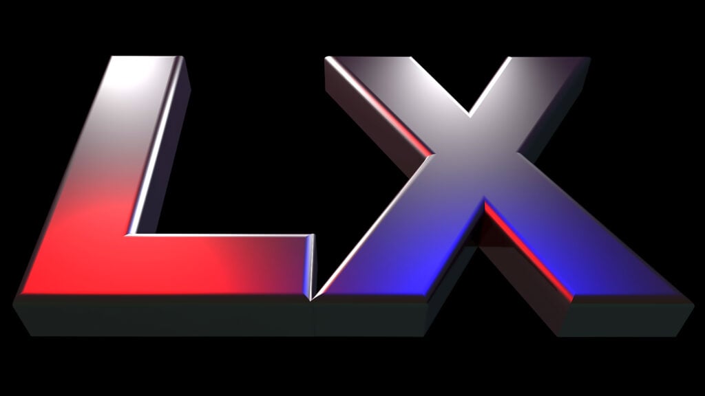 3D metallic letters "L" and "X" with red highlights on the left and blue highlights on the right, set against a black background.