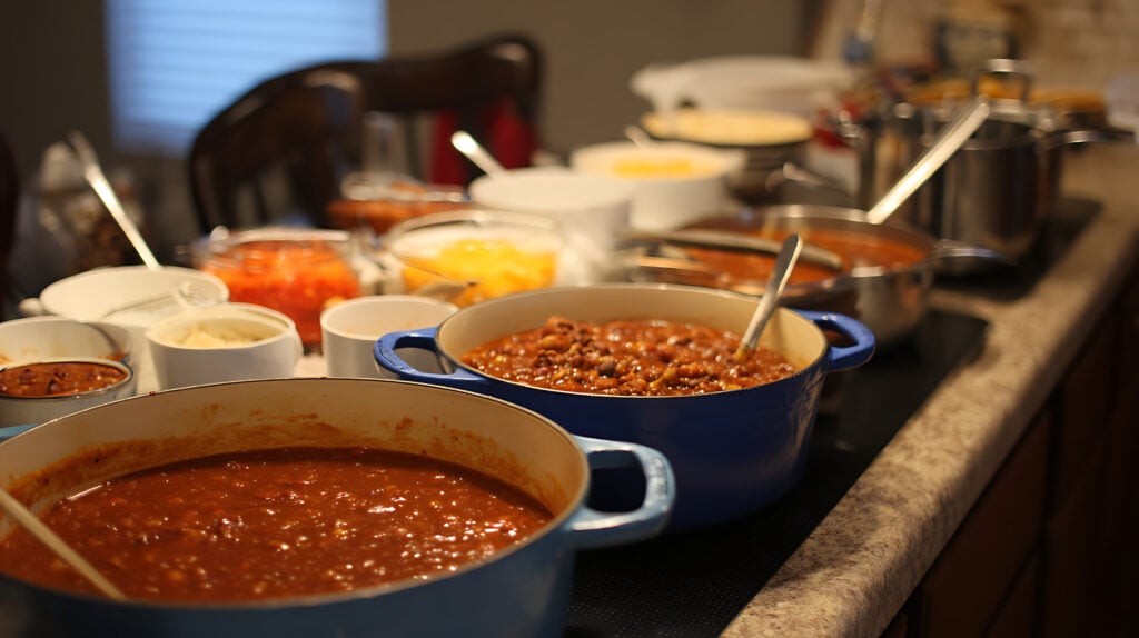 A kitchen counter displays several pots of chili and various bowls of toppings and sides, arranged buffet-style for serving.