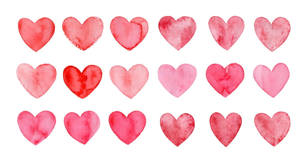A grid of sixteen watercolor hearts in various shades of red and pink, arranged in four rows on a white background.