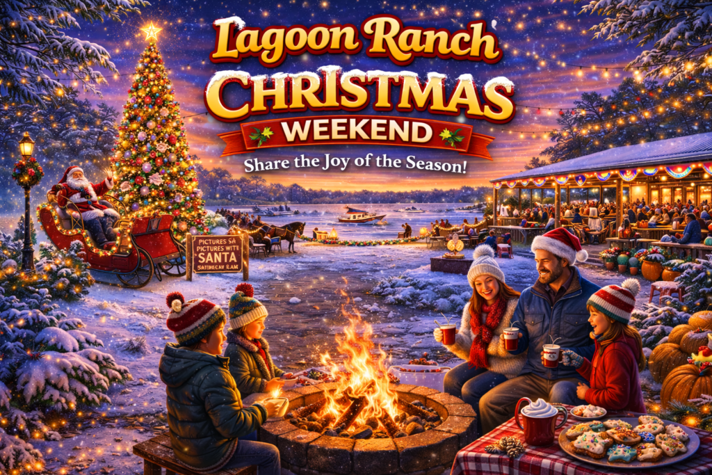 A family sits by a campfire drinking hot drinks at Lagoon Ranch Christmas Weekend event, with a decorated tree, Santa in a sleigh, and a festive crowd in the background.