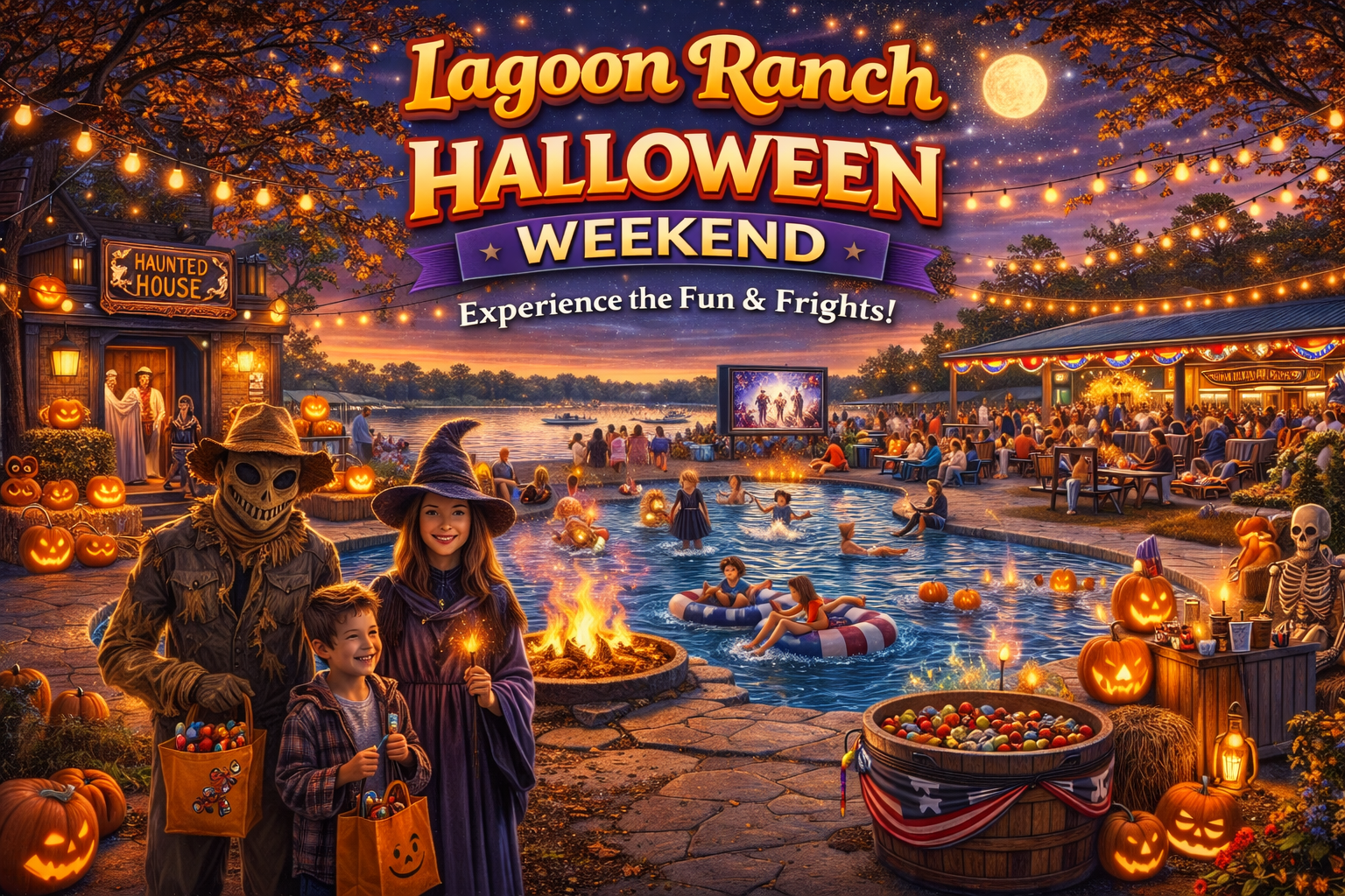 People in costumes enjoy Halloween activities around a pool at night, with pumpkins, lights, and Lagoon Ranch Halloween Weekend signage visible.