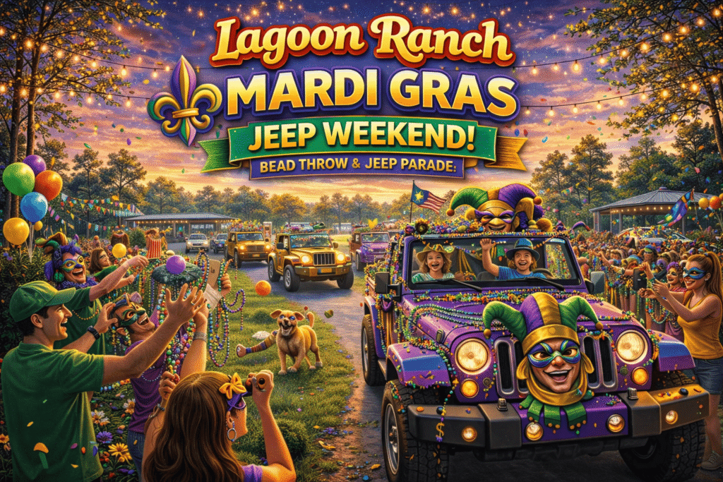 A festive Mardi Gras Jeep parade at Lagoon Ranch with people in costumes, decorated Jeeps, beads, balloons, and a dog, under a sign reading “Mardi Gras Jeep Weekend.”.