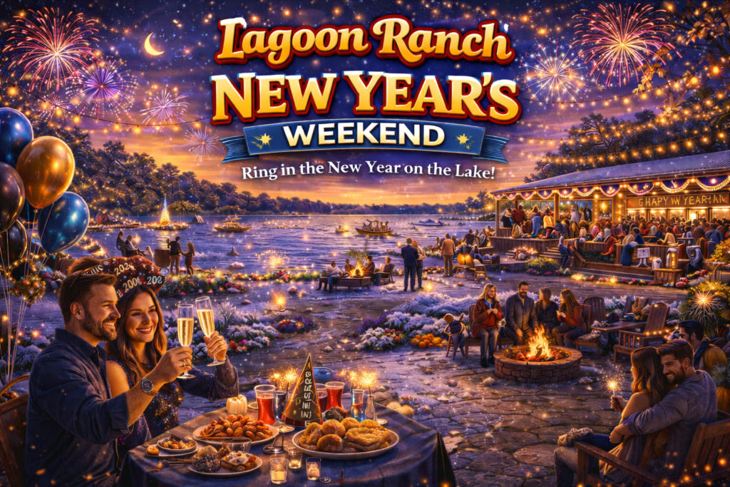 People celebrating New Year’s by a lake at Lagoon Ranch with food, drinks, fireworks, and decorations. A banner reads “Ring in the New Year on the Lake!”.