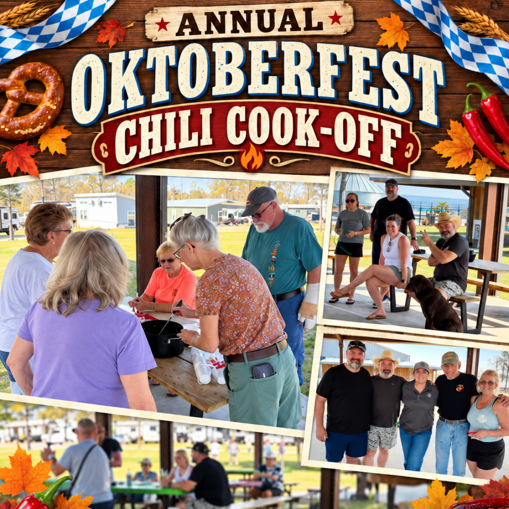 A group of people gather at a park pavilion for the Annual Oktoberfest Chili Cook-Off, socializing and participating in outdoor activities.