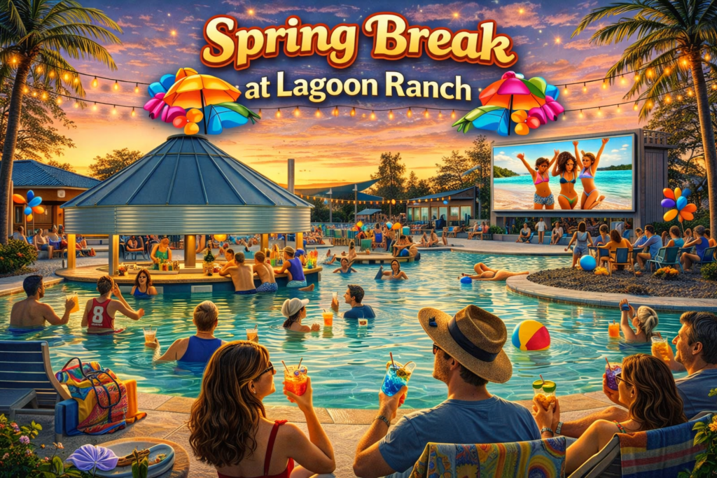 A lively pool party at sunset with people swimming, relaxing, and holding drinks. A sign reads “Spring Break at Lagoon Ranch” and a large outdoor screen shows two women in swimsuits.