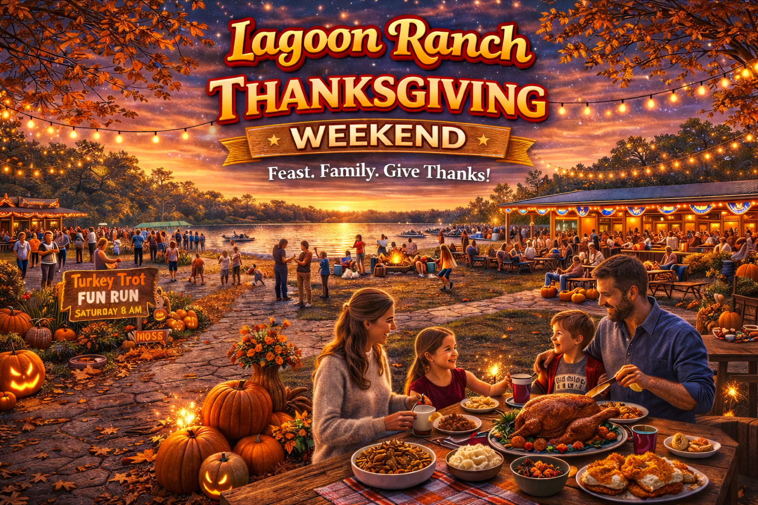 Families gather outdoors by a lake at sunset for Thanksgiving weekend at Lagoon Ranch, enjoying dinner and festivities, with a sign for a Turkey Trot Fun Run visible.