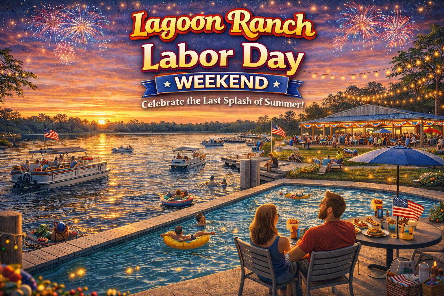 People relax by a pool and lake with boats, food, drinks, and fireworks. "Lagoon Ranch Labor Day Weekend" text promotes a summer celebration event.