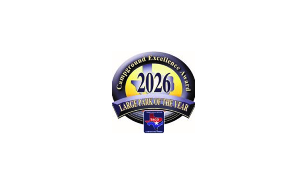 A badge displaying "2026 Campground Excellence Award, Large Park of the Year" with a Texas-shaped logo at the bottom.