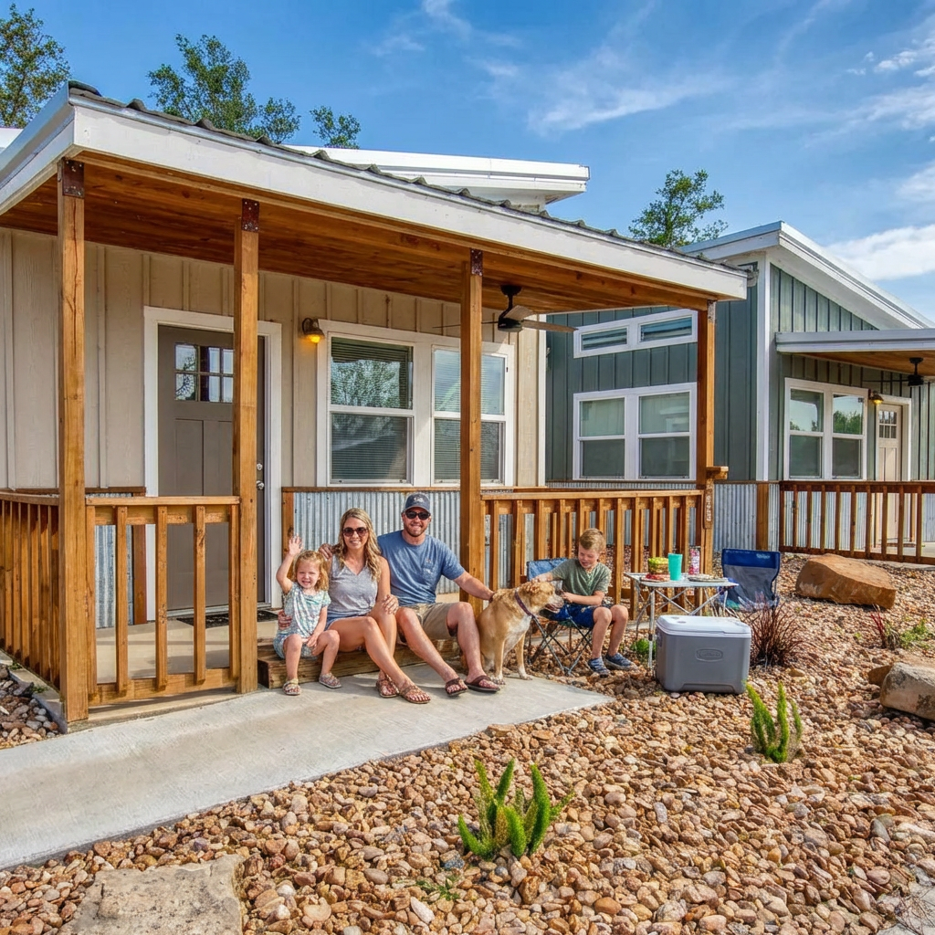 A family of four and a dog sit on the porch and in front of a small house, surrounded by rocks and plants, with camping chairs and a cooler nearby.