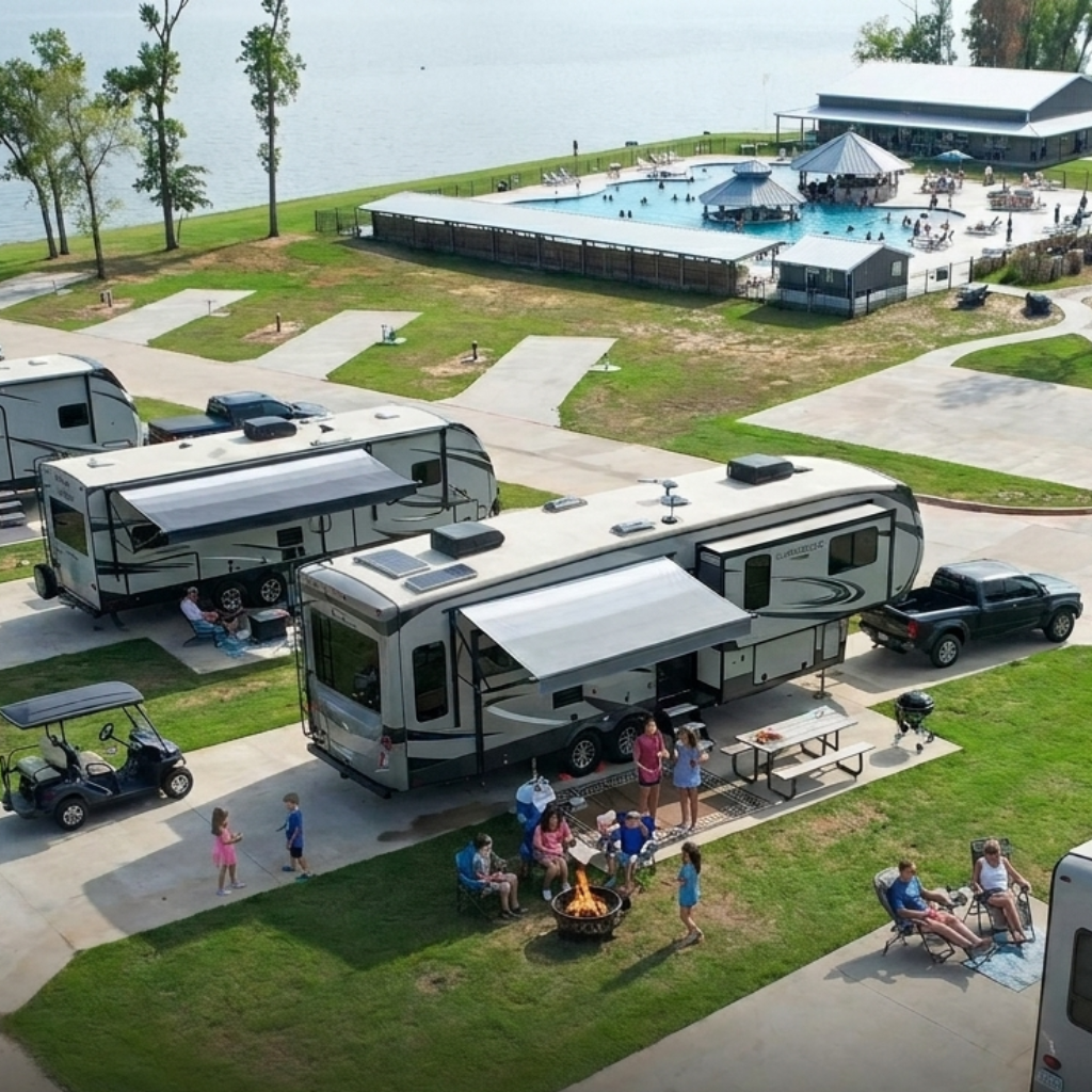 Rows of RVs parked by a lake, with people sitting around picnic tables and a fire pit. A large swimming pool and pavilion are visible in the background.
