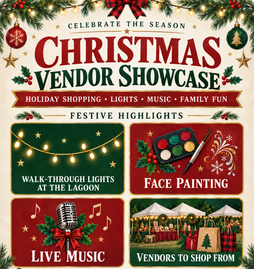 Christmas Vendor Showcase event flyer with festive decor, listing walk-through lights, face painting, live music, and vendor shopping as highlights.