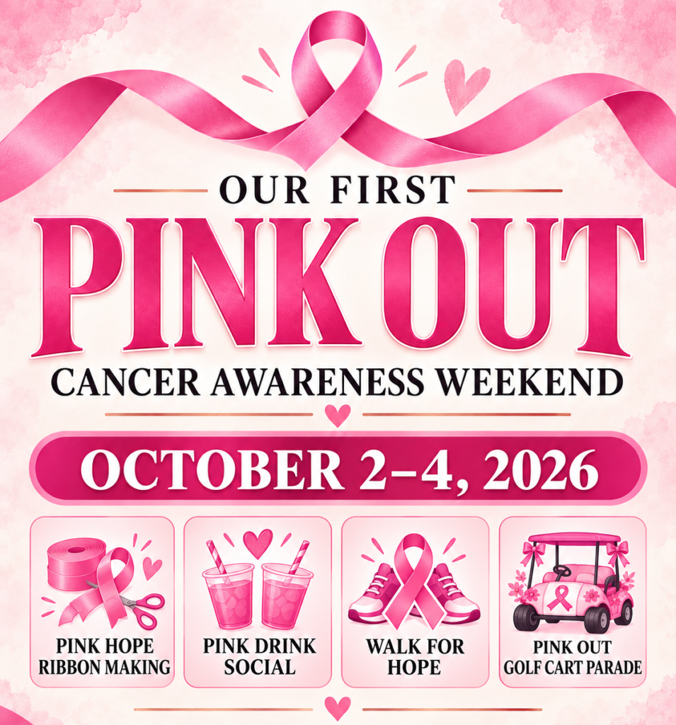 Pink cancer awareness event poster detailing dates October 2-4, 2026, with activities including ribbon making, drink social, walk, and golf cart parade. Pink ribbon featured at top.